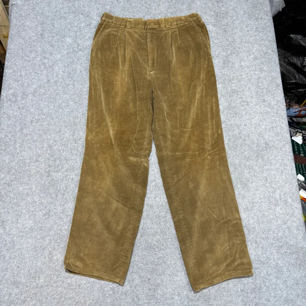 Points West Mens Pleated Corduroy Pants 38x34 Camel Brown Wide Wale Straight Leg